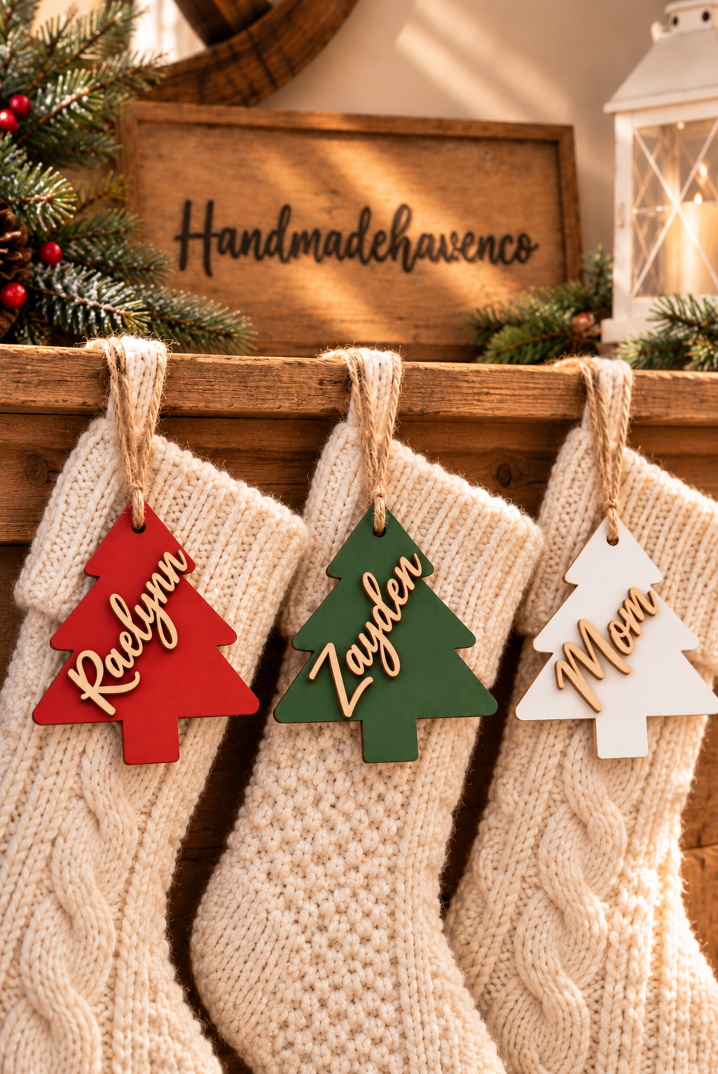 Personalized Christmas tree stocking tag.