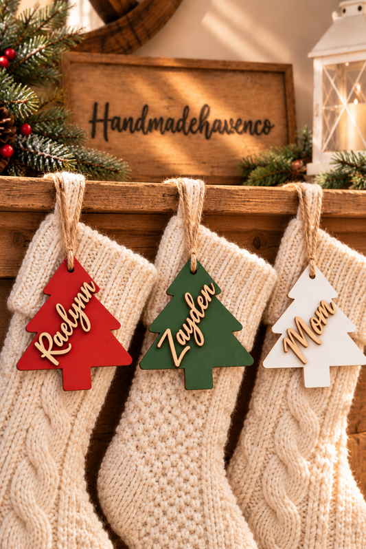 Personalized Christmas tree stocking tag.