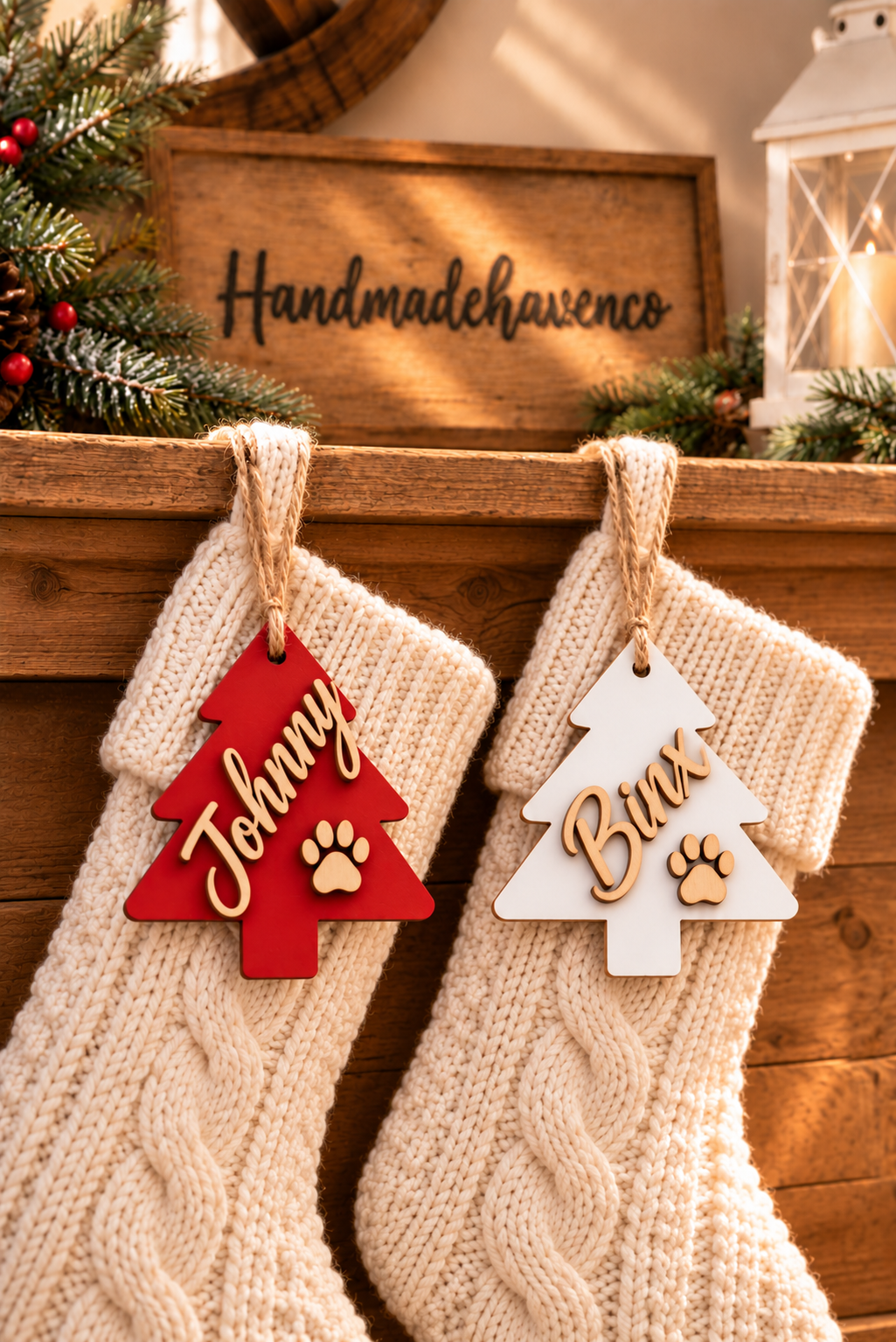 Personalized Christmas tree stocking tag.